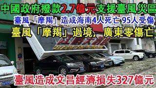 中國政府撥款2.7億元，給廣東、廣西、海南三省救災。摩羯造成海南4人死亡95人受傷。海南文昌經濟損失327億元。