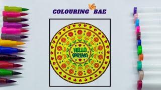 Spring mandala marker colouring with neon background and colourful flowers welcoming spring