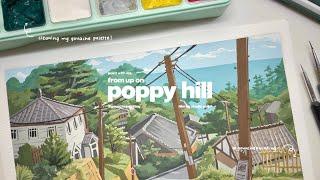 ₊˚ cleaning my gouache palette and painting from up on poppy hill’s scene gouache painting