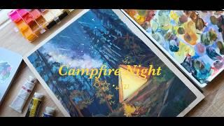 A Peaceful Campfire Night | Gouache Painting with Relaxing Music| campfire night with gouache #121