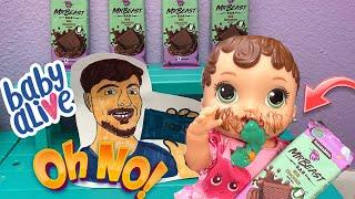 Baby Alive Zoe eats to much Mr Beast chocolate bars and gets Sick! 