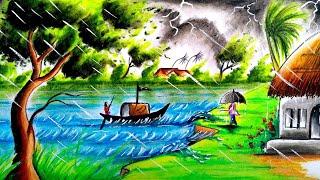 rainy season drawing/rainy day drawing/rain drawing/monsoon season drawing/বর্ষা কালের দৃশ্য আঁকা