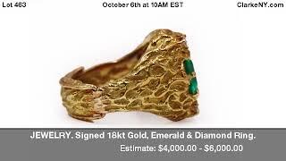 JEWELRY. Signed 18kt Gold, Emerald & Diamond Ring.