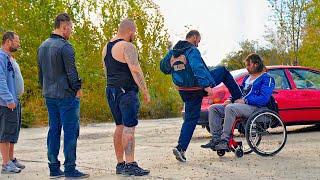 Thugs messing with a disabled man in a wheelchair, unaware that he's the most brutal assassin