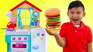 Liam Pretend Play w/ PEPPA PIG Kitchen Cooking Kid Toys & Giant ELMO