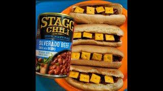 eat Stagg Chili with Mini Cheese Nips in Hotdog Bun