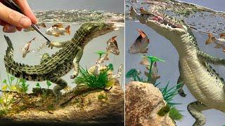 CROCODILE Hunts River Fish! Diorama, Polymer Clay