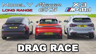 Porsche Macan GTS v BMW X3 M40d v Tesla Model Y: DRAG RACE