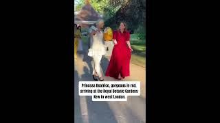 Princess Beatrice, gorgeous in red, arriving at the Royal Botanic Gardens Kew in west London.I'm