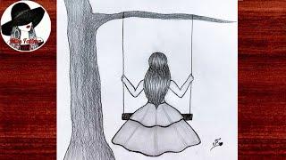 Girl sitting on a Swing easy pencil drawing || How to draw a girl swinging in a tree