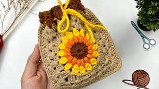 Easy Crochet Sunflower Granny Square Pouch Tutorial | Sunflower Granny Stitch