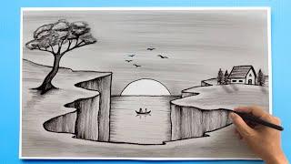 Simple Landscape Drawing | Easy scenery Drawing tutorial