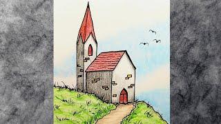 Little Church Landscape Drawing for Beginners by Colored Pencils and Ink / Church Sketch Tutorial