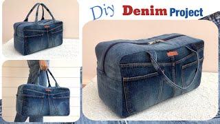 diy a denim travel bag from old jeans, sewing diy a travel bag patterns, old jeans reuse ideas