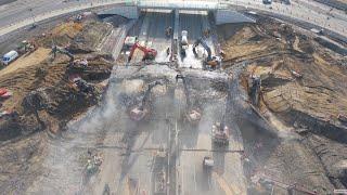 M25 Junction 10 Project - Gyratory Bridge time-lapse demolition drone footage of the machines