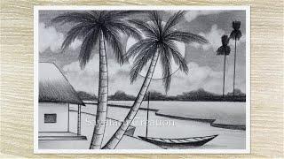 Moonlight landscape drawing with pencil sketch, Easy Pencil Drawing for Beginners