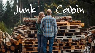 Father & daughter build a house from pallets and logs. preparing for dark times