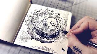 Drawing the Beholder from D&D with Fountain Pens! - Art Time Lapse