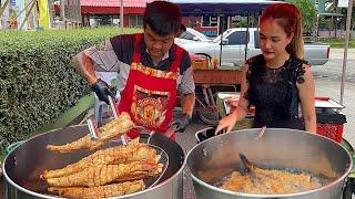 Sold out Fast ! Deep fried Crispy pig tail served by hard working father | Thai Street Food