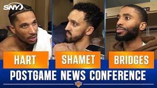 Josh Hart, Landry Shamet, and Mikal Bridges on Knicks' bench during their Game 3 win over Pacers