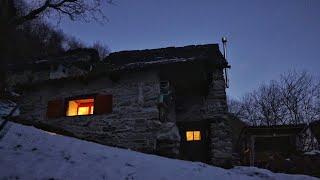 Stone cabin alone. Winter '22. First snow, wood shelf, no dialogue. Yes subtitles. ASMR