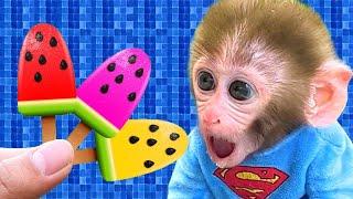 Baby Monkey BonBon لعب بالون قوس قزح في الحديقة مع جرو لطيف - BonBon Arabic