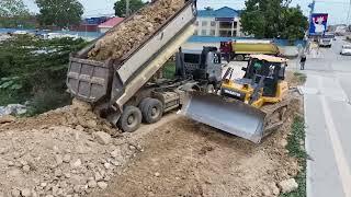 Full Project Amazing Dump truck 25T Unloading Soil Stone, Bulldozer SHANTUI Pushing Soil Stone