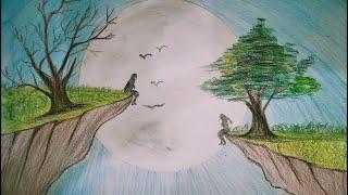 beautiful scenery painting for beginners | pencil art | how to draw a boy ,girl in moonlight