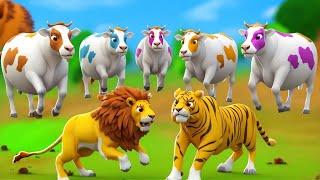 5 Color Cows Rescue Horse - Wild Animals Attack Farm Farm Animals | 3D Animals Cartoons