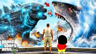 Franklin& ShinChanEscaping From the Fight of Scary Megalodon Vs MegaGodzilla in Gta 5 Telugu