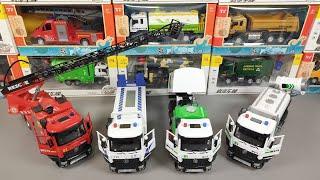 Collection Of Diecast Models Of Fire Truck, Towing Truck, Road Sweeper Truck, And Sprinkler Truck