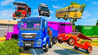 BeamNG.Drive - Funny Cars Truck vs Speedbumps - Flatbed Tractor Truck transporting