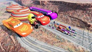 Big & Small Long Lightning Mcqueen vs Pixar Car, Dinoco,Tow Mater vs 100 Gate Bridge | BeamNG.Drive