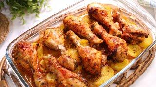 Pollo al Horno Asado con Patatas y Cebolla - Receta muy Fácil, Abundante y Económica