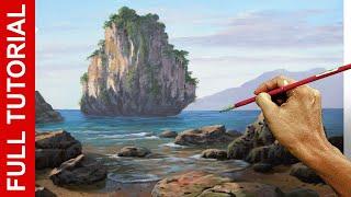 Tutorial : Acrylic Painting Beach with Lonely Island and Big Rocks | JMLisondra