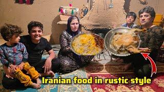 Iranian rural family makes stuffed chicken with rice in a traditional home showing simple rural life