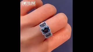 Halo Emerald Cut Three-stone Aquamarine Blue Engagement Ring