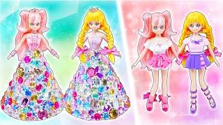 プリキュアのドレスを手作り️わんだふるぷりきゅあ！のキュアワンダフル、キュアフレンディが変身リカちゃん人形に粘土衣装とキラキラなリメイクDIY⭐️100円ショップの材料でわんぷり工作声真似