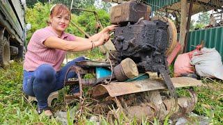 The girl repairs and restores her neighbor's tractor, which was abandoned a long time ago.