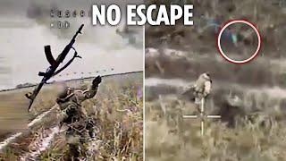 Russian soldier throws rifle at kamikaze drone in desperate bid to escape no man's land pursuit