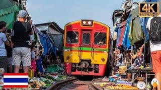 Maeklong Railway, Thailand The Most Dangerous Train Market in Thailand (4K HDR)