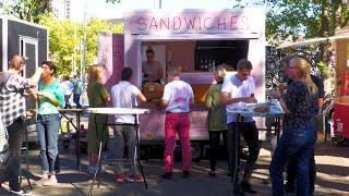 Two Women makes a lot Grilled Sandwiches in a small Trailer | American Street Food in Berlin