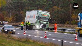 Vrachtwagen ramt tegen middengeleider A28 bij ‘t Harde, nadat chauffeur onwel werd