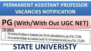 Permanent Assistant Professor Vacancies in State University | PG(With/With Out UGC NET) | 57,700 pm