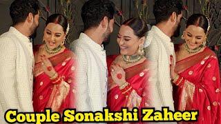 Sonakshi Sinha Zaheer Khan Lovely Cute Moments On Their Wedding Reception while posing To Media
