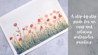 Watercolor poppy flower field painting for beginners.