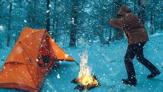 Solo Camp in an Instant Tent - Winter Storm Camping in the Snow - ASMR Camping Adventure