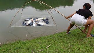 Amazing fishing - Girl's fishing trip during in the lake, caught a lot of fish - Girl fishing