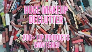 HUGE MAKEUP DECLUTTER 200+ Lip Products | Swatching & Organizing!