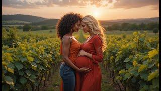 Sunset Serenade  A Pregnant Woman and Her Partner Share a Kiss in the Vineyard at Dusk